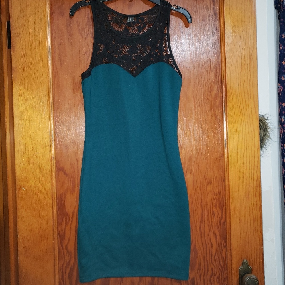 Teal black lace dress